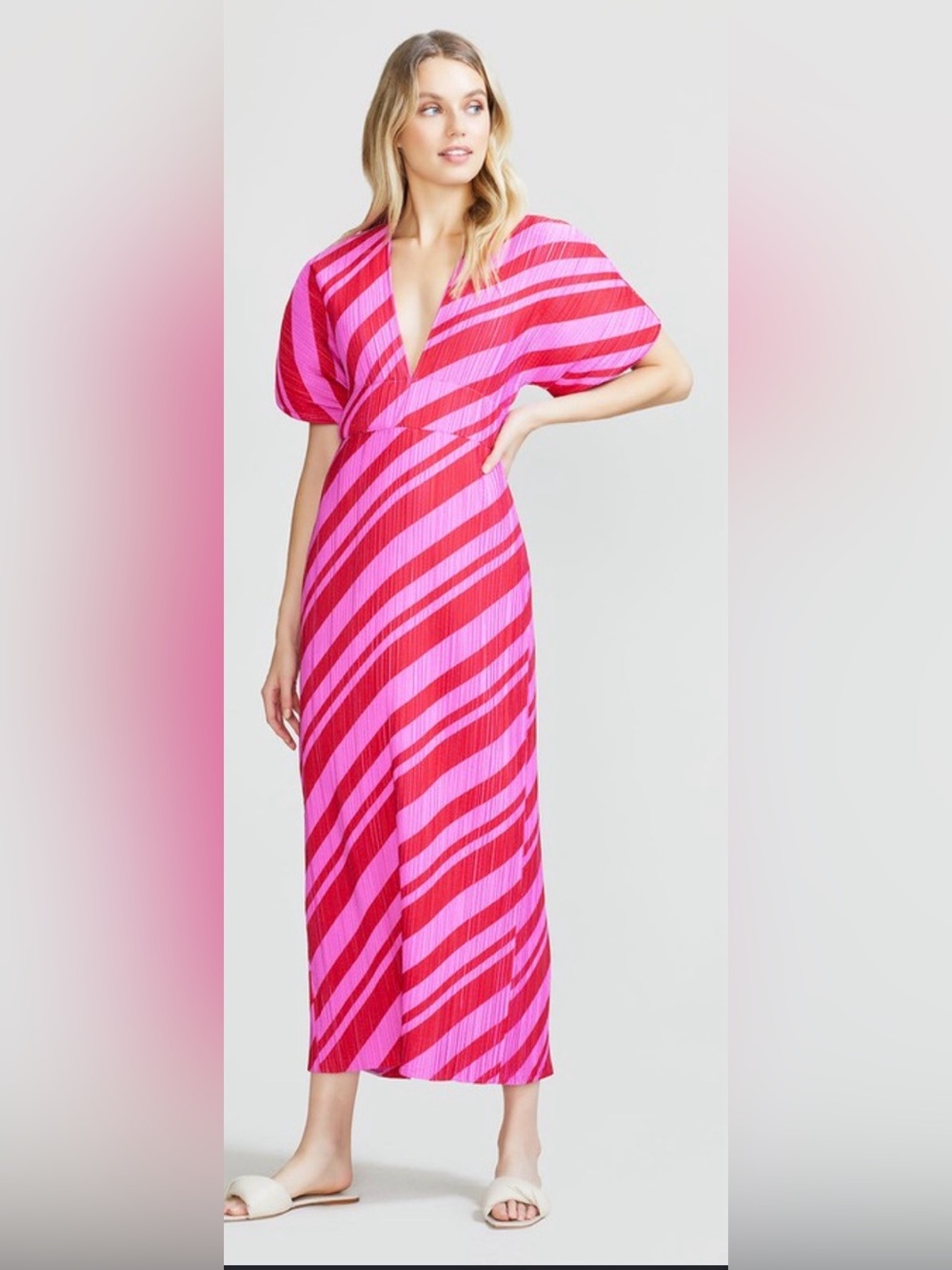 Lela Rose Striped Long Dress Pink Red NWOT Size 6 Puff Sleeve Midi